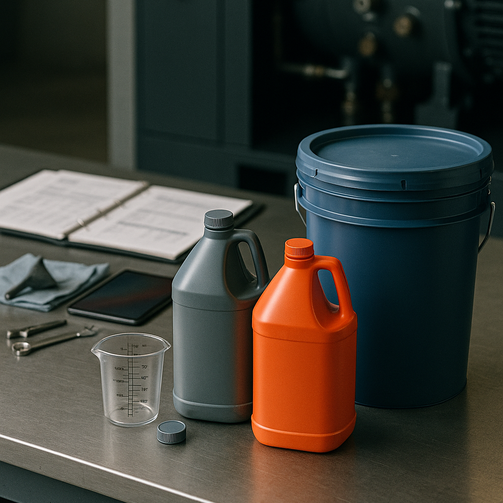 Industrial compressor oil containers and maintenance tools on work surface with air compressor equipment in background